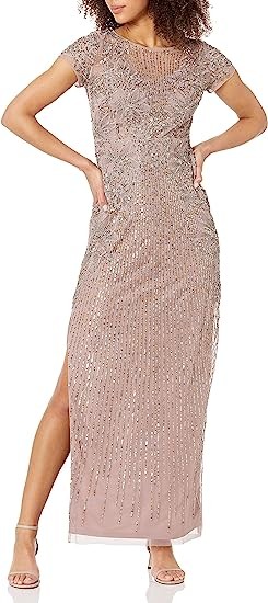 Aidan by Aidan Mattox Women's Short Sleeve Beaded Illusion Yoke Column Gown