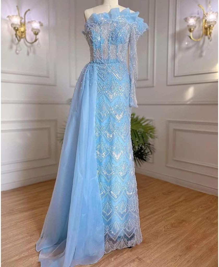 Women's Evening Dress Party Dinner Formal Slim-fit Oblique Shoulder Floor-Length Dress Pearl Beaded Dress Skirt