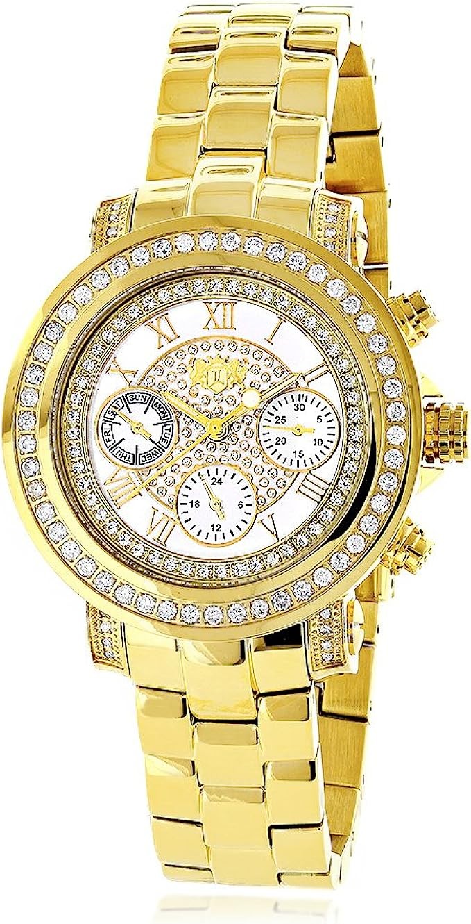 LUXURMAN Womens Diamond Yellow Gold Plated Watch Montana White Mop 2ct