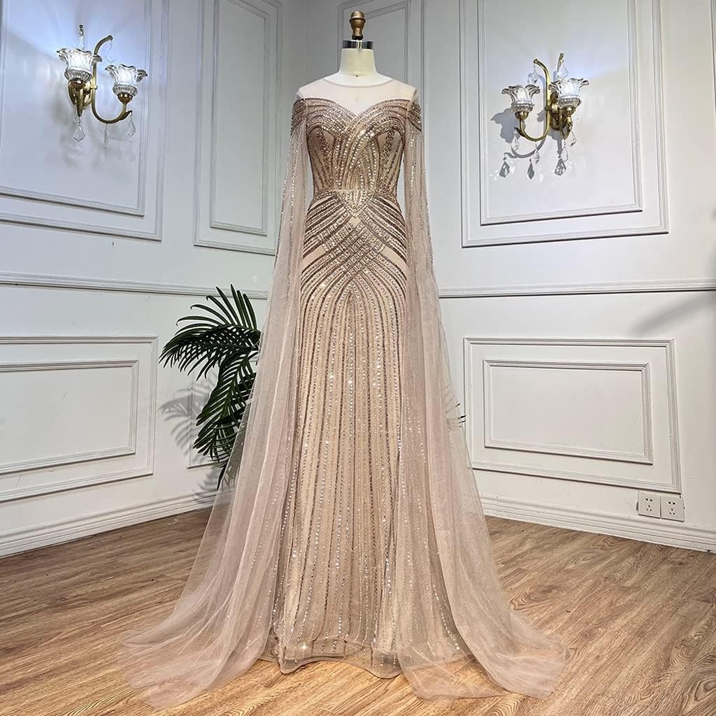 Cape Sleeves O-Neck Beaded Evening Dresses Gowns for Women High Waist Line Closed Waist Slim Wedding Party