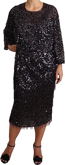 Dolce & Gabbana Black Sequined Long Sleeve Shift Midi Dress