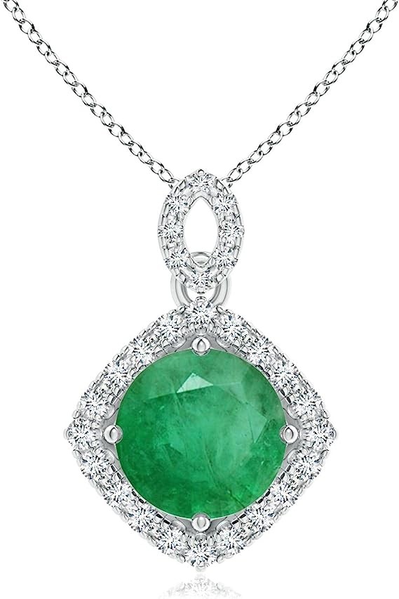 Angara Natural Emerald Halo Pendant Necklace for Women, Girls in 14K Dual Tone Solid Gold | May Birthstone | Jewelry Gift for Her | Birthday|Wedding Anniversary
