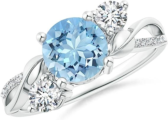 Angara Natural Aquamarine and Diamond Three Stone Ring for Women, Girls in 14K Solid Platinum | March Birthstone Jewelry Gift for Her | Wedding | Anniversary | Enagagement