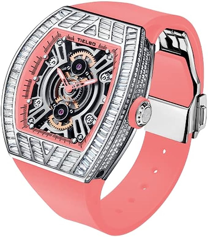 TIELBO-Mechanical Diamond Watches Whirlpool Element Women's Watch Wine Barrel Style Wristwatch with Quartz Movement Match Any Clothes and Occasions Women Watches Gift & Watches for Women Pink- T827L