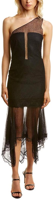 Halston Heritage Women's One Shoulder Lace Dress with Handkerchief Skirt