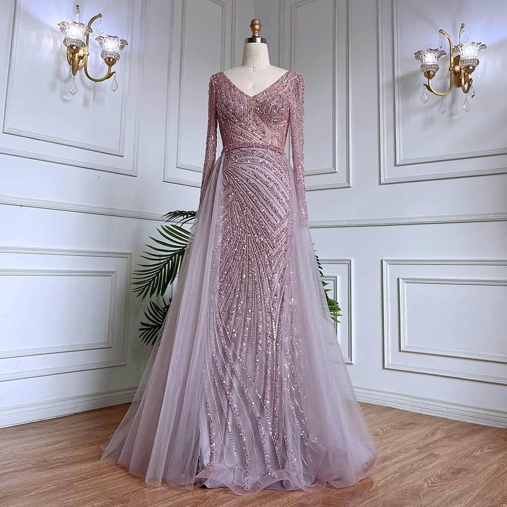 Women's Evening Gown Formal V-Neck Evening Dresses Long Sleeves Beaded Party Gowns for Women