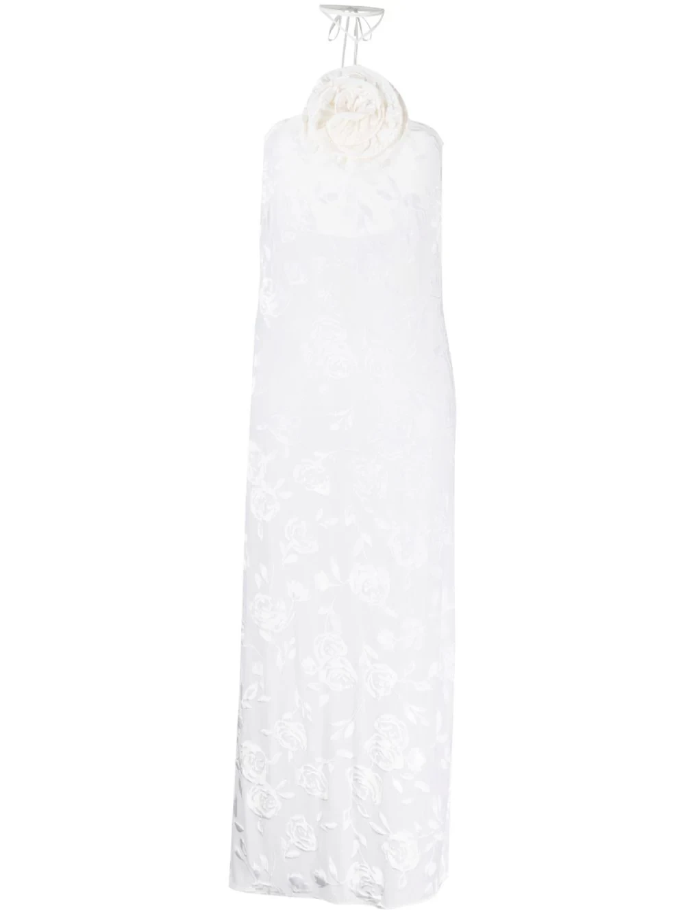 floral-appliqué devoré halterneck midi dress