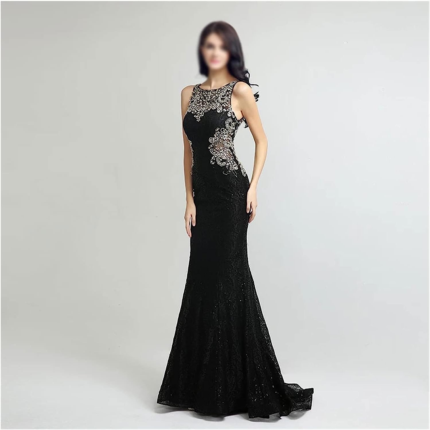 Tulle Mermaid Evening Dress Floor Length Sleeveless Extra Long Beaded Crystal Ball Gown for Women