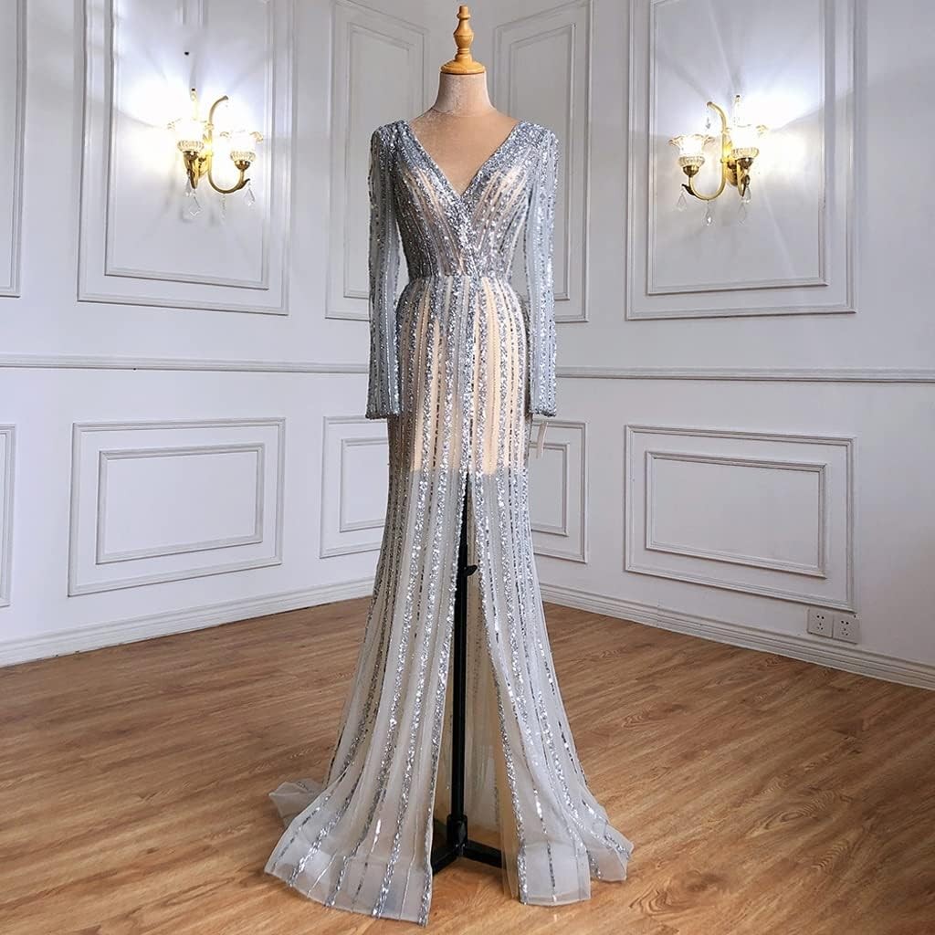 Women's V-Neck Long Sleeve Evening Dress Party Dinner High Waist Beaded Evening Dress Women's Party Dress
