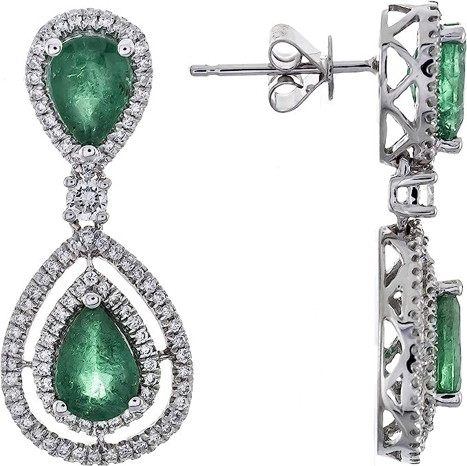 Gin & Grace14K White Gold Natural Zambian Emerald Earrings with Natural Diamonds for women | Ethically, authentically & organically sourced Pear-cut Emerald hand-crafted jewelry for her | Emerald Earr