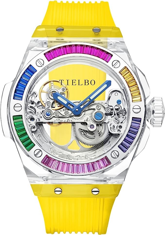 TIELBO Automatic Watches for Men,Luxury Watches for Men ,Crystal Mens Watch Skeleton Transparent Mechanical Wrist Watches Double-Sided Hollowing Waterproof Luminous Watch for Men 72H Energy Storage T7