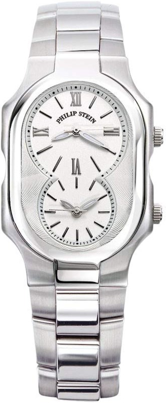 Philip Stein Dual Time Zone Chronograph Analog Display Japanese Quartz Watch Stainless Steel Clasp Chain White Dial with Large Signature Frame Natural Frequency Technology Provides Energy -Model 2-NCW