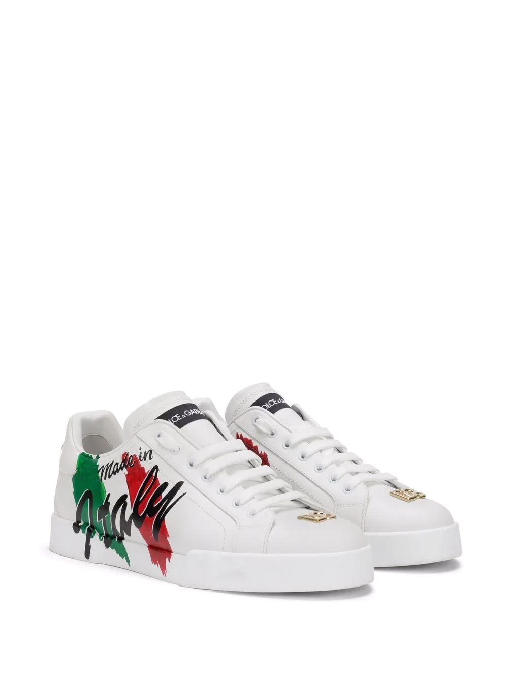 Portofino low-top sneakers  Portofino low-top sneakers from DOLCE & GABBANA featuring white, calf leather, gold-tone logo plaque, logo lettering, round toe, front lace-up fastening, logo patch at the 