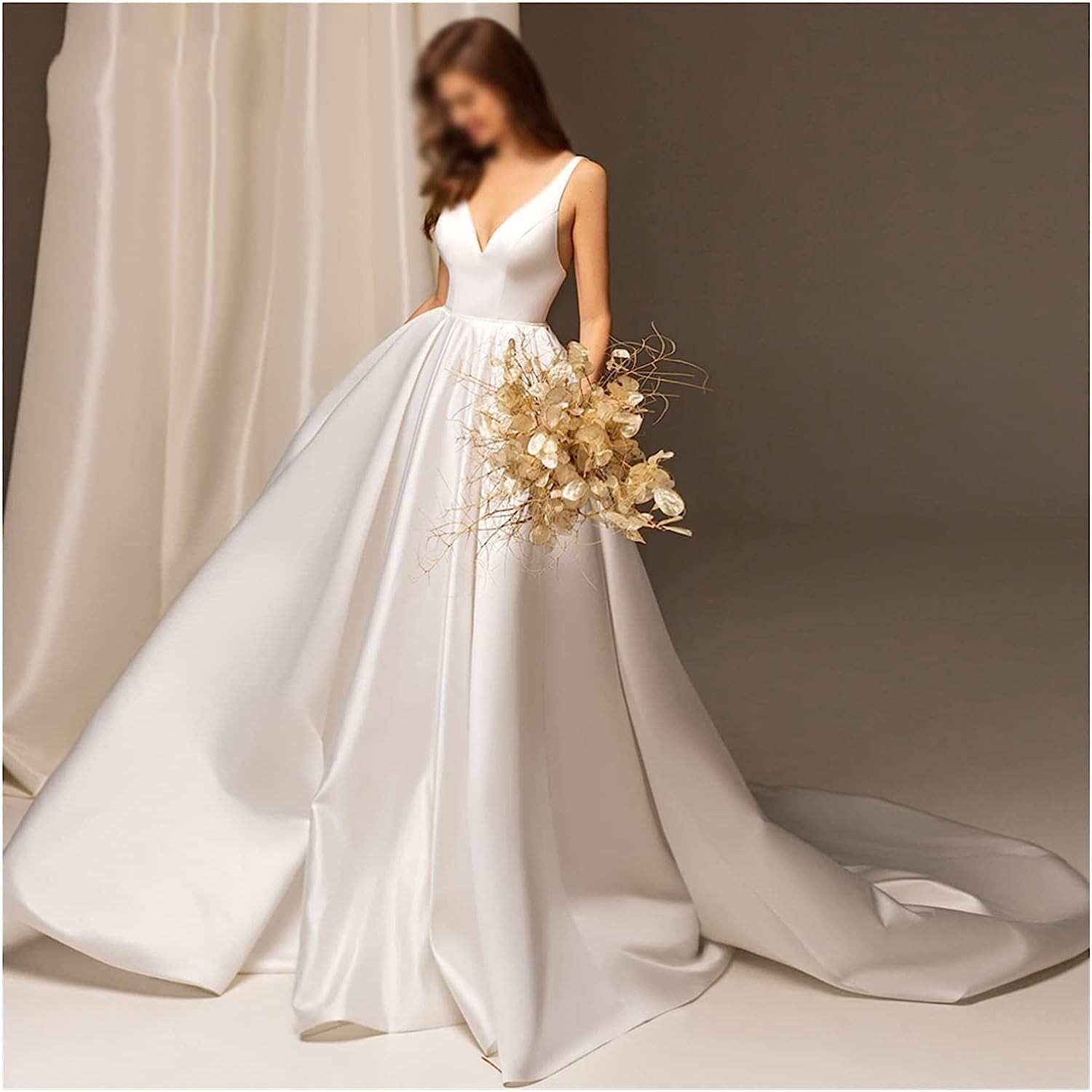 Sexy Backless V-neck Matte Satin Vintage Wedding Dress Bridal Gown