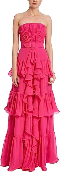 Badgley Mischka Strapless Tiered Ruffle Gown with Belt